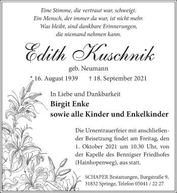 Traueranzeige von Edith Kuschnik von Neue Deister-Zeitung