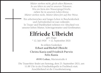 Traueranzeige von Elfriede Ulbricht von Deister- und Weserzeitung