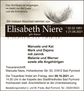 Traueranzeige von Elisabeth Niere von Deister- und Weserzeitung