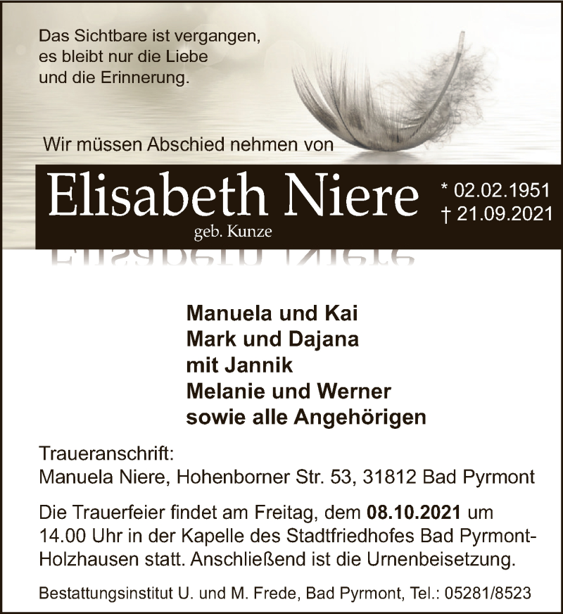  Traueranzeige für Elisabeth Niere vom 25.09.2021 aus Deister- und Weserzeitung