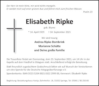 Traueranzeige von Elisabeth Ripke von Neue Deister-Zeitung