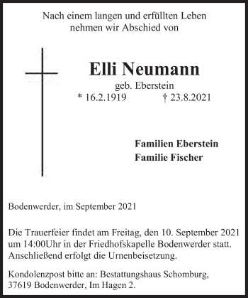 Traueranzeige von Elli Neumann von Deister- und Weserzeitung