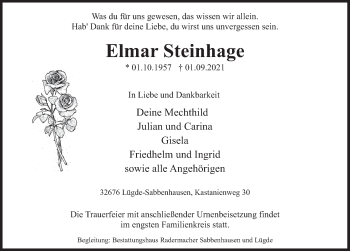 Traueranzeige von Elmar Steinhage von Deister- und Weserzeitung