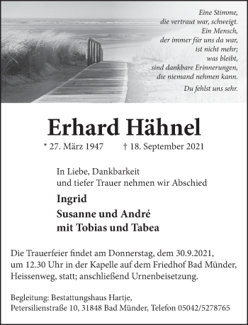 Traueranzeige von Erhard Hähnel von Neue Deister-Zeitung