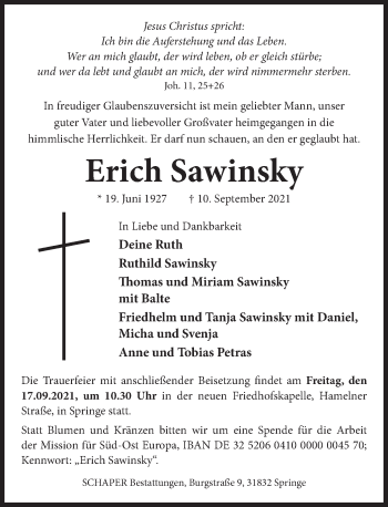 Traueranzeige von Erich Sawinsky von Neue Deister-Zeitung