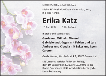 Traueranzeige von Erika Katz von Deister- und Weserzeitung