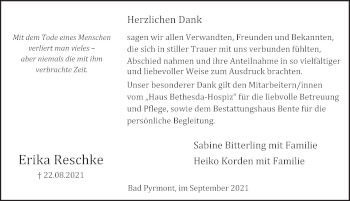 Traueranzeige von Erika Reschke von Deister- und Weserzeitung