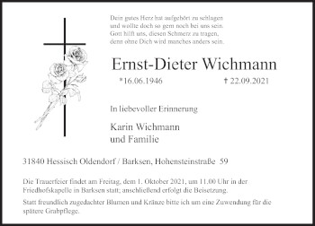 Traueranzeige von Ernst-Dieter Wichmann von Deister- und Weserzeitung