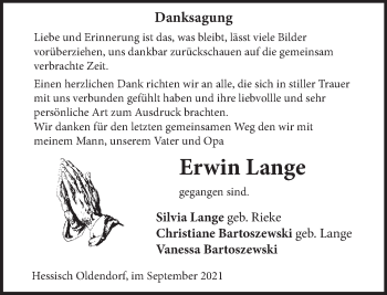 Traueranzeige von Erwin Lange von Deister- und Weserzeitung