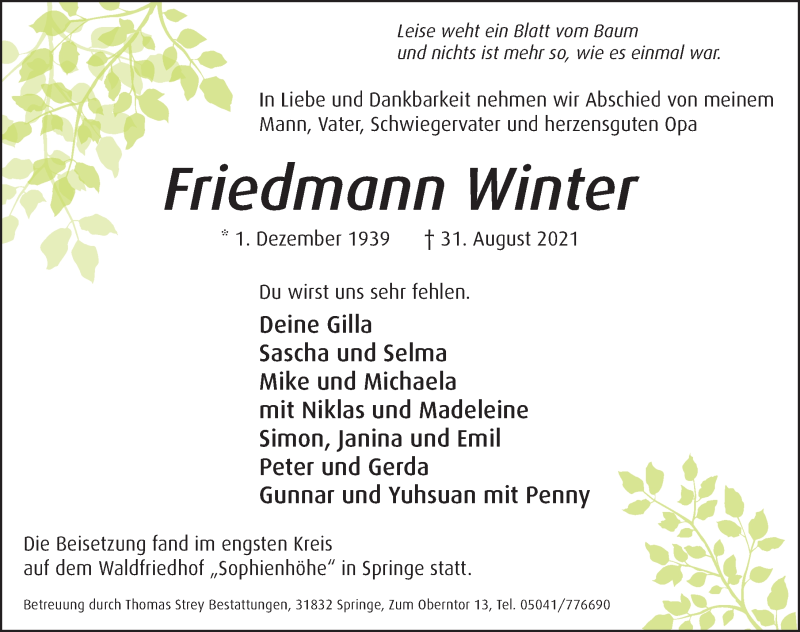  Traueranzeige für Friedmann Winter vom 25.09.2021 aus Neue Deister-Zeitung