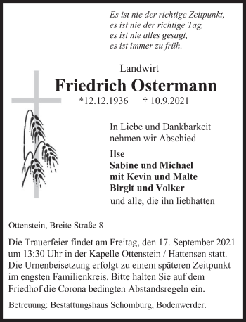 Traueranzeige von Friedrich Ostermann von Deister- und Weserzeitung