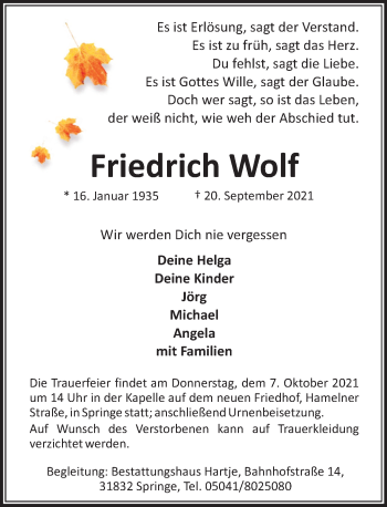 Traueranzeige von Friedrich Wolf von Neue Deister-Zeitung
