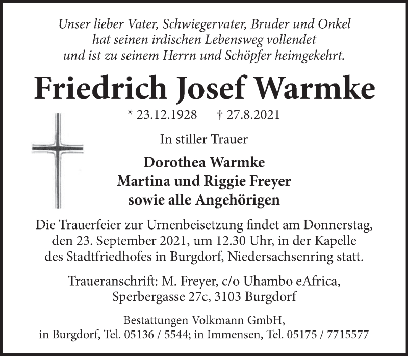  Traueranzeige für Friedrich Josef Warmke vom 11.09.2021 aus Neue Deister-Zeitung