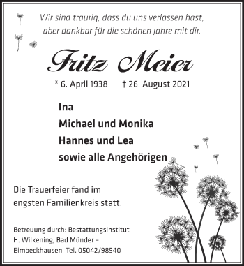 Traueranzeige von Fritz Meier von Neue Deister-Zeitung