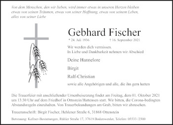 Traueranzeige von Gebhard Fischer von Deister- und Weserzeitung