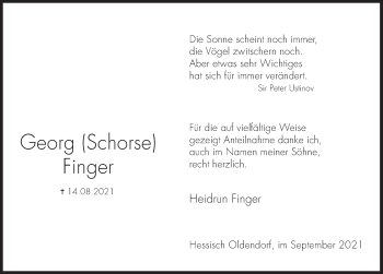 Traueranzeige von Georg Finger von Deister- und Weserzeitung