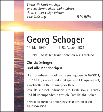Traueranzeige von Georg Schoger von Neue Deister-Zeitung