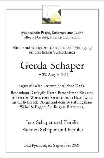 Traueranzeige von Gerda Schaper von Deister- und Weserzeitung
