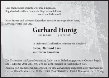 Traueranzeige von Gerhard Honig von Deister- und Weserzeitung