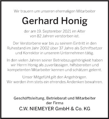 Traueranzeige von Gerhard Honig von Deister- und Weserzeitung