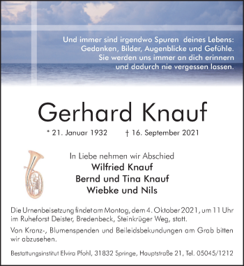 Traueranzeige von Gerhard Knauf von Neue Deister-Zeitung