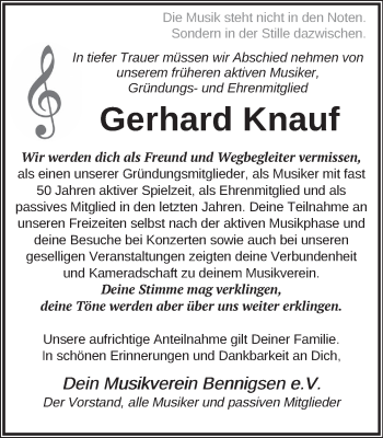 Traueranzeige von Gerhard Knauf von Neue Deister-Zeitung
