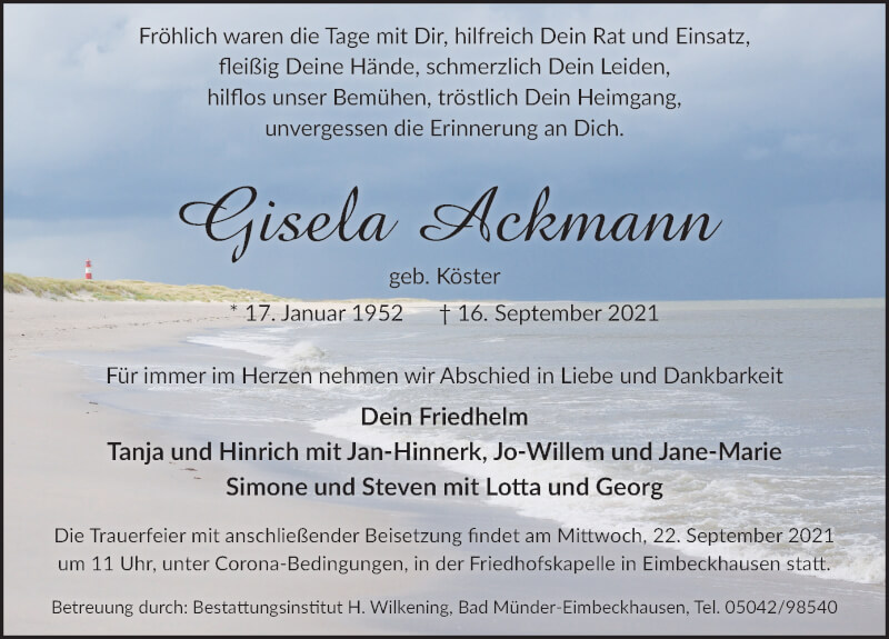  Traueranzeige für Gisela Ackmann vom 18.09.2021 aus Neue Deister-Zeitung
