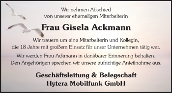 Traueranzeige von Gisela Ackmann von Neue Deister-Zeitung