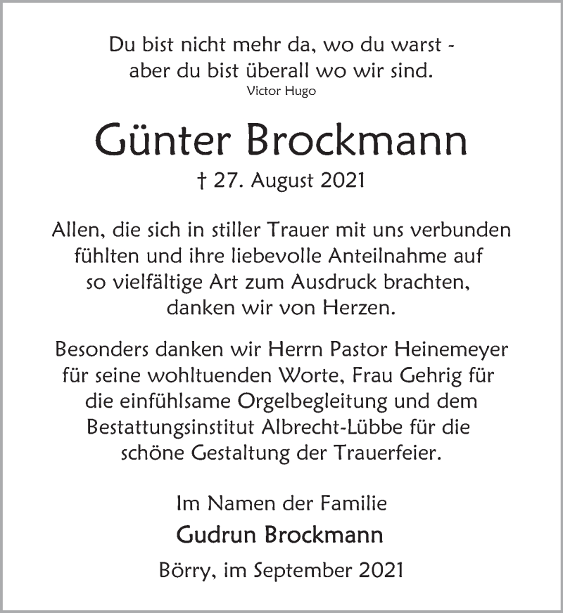  Traueranzeige für Günter Brockmann vom 25.09.2021 aus Deister- und Weserzeitung