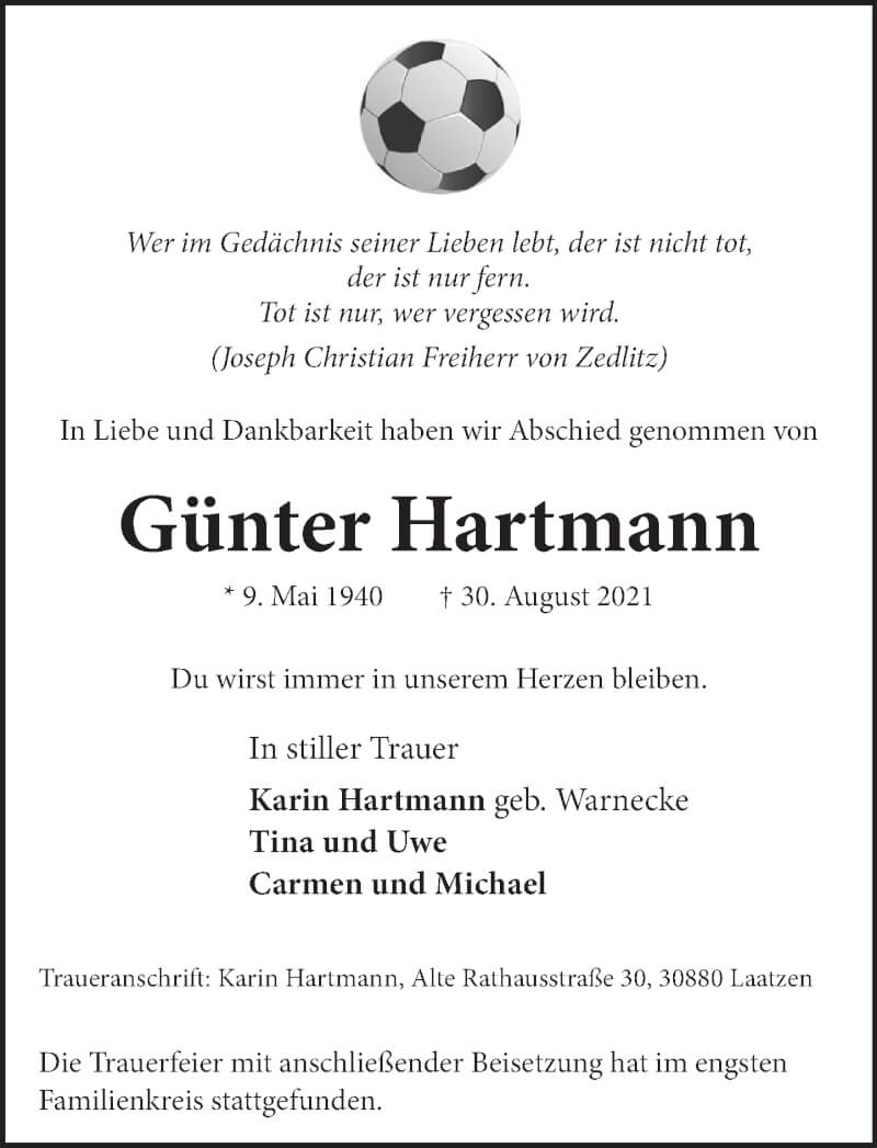  Traueranzeige für Günter Hartmann vom 18.09.2021 aus Neue Deister-Zeitung