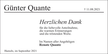 Traueranzeige von Günter Quante von Deister- und Weserzeitung