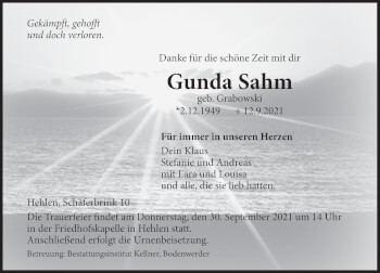 Traueranzeige von Gunda Sahm von Deister- und Weserzeitung