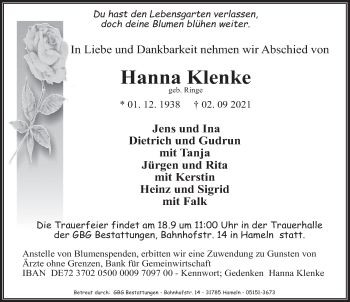 Traueranzeige von Hanna Klenke von Deister- und Weserzeitung
