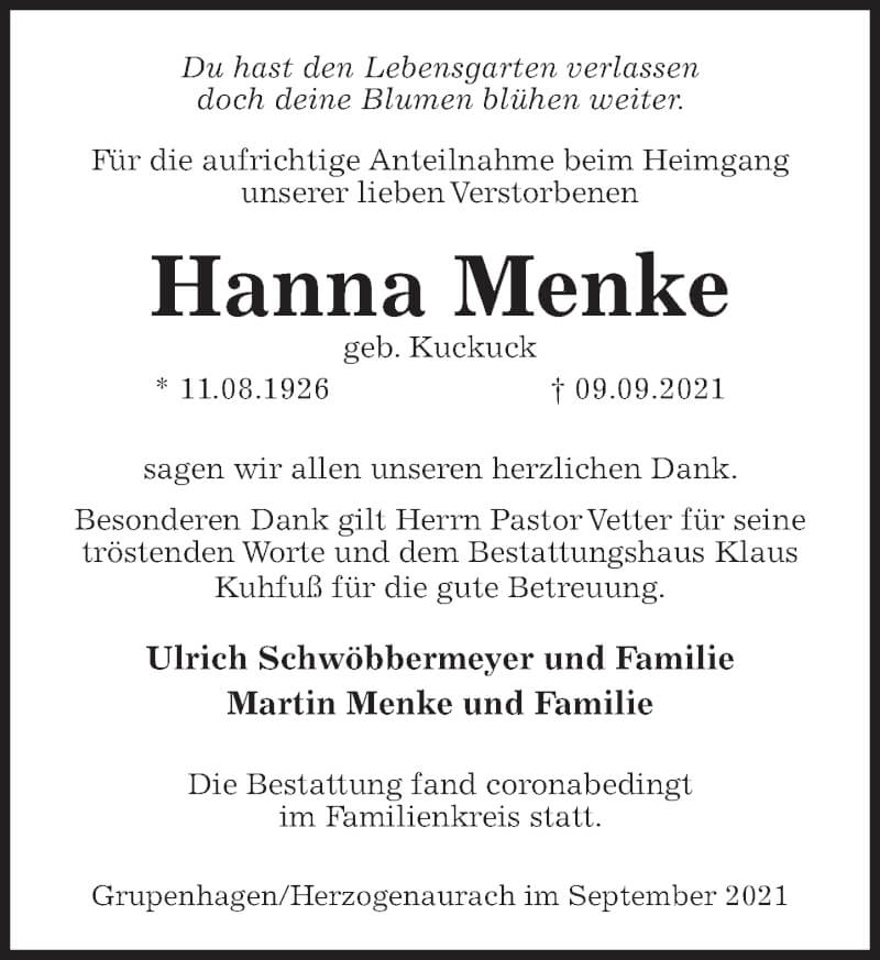  Traueranzeige für Hanna Menke vom 25.09.2021 aus Deister- und Weserzeitung