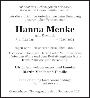 Traueranzeige von Hanna Menke von Deister- und Weserzeitung