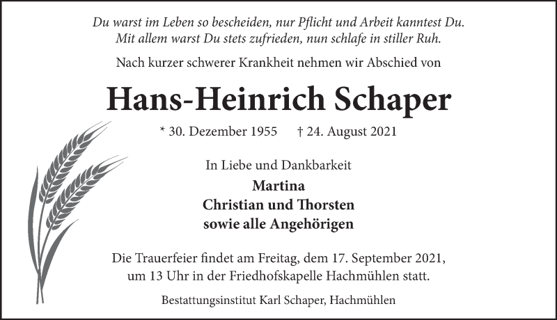  Traueranzeige für Hans-Heinrich Schaper vom 11.09.2021 aus Neue Deister-Zeitung