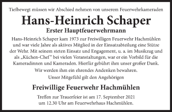 Traueranzeige von Hans-Heinrich Schaper von Neue Deister-Zeitung