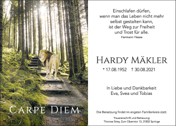 Traueranzeige von Hardy Mäkler von Deister- und Weserzeitung