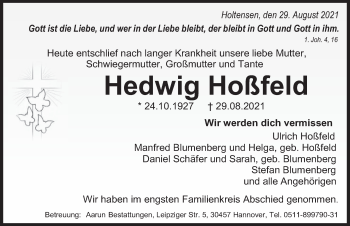 Traueranzeige von Hedwig Hoßfeld von Deister- und Weserzeitung