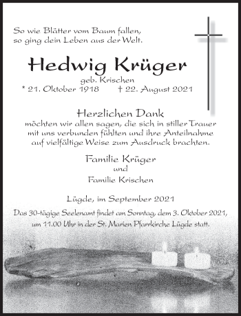 Traueranzeige von Hedwig Krüger von Deister- und Weserzeitung
