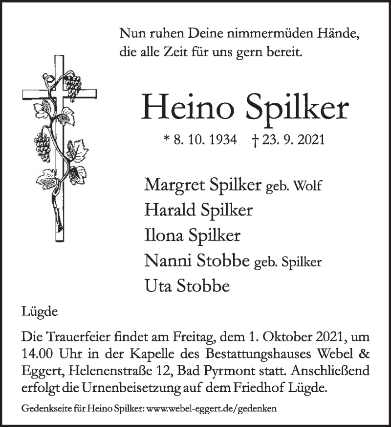  Traueranzeige für Heino Spilker vom 29.09.2021 aus Deister- und Weserzeitung