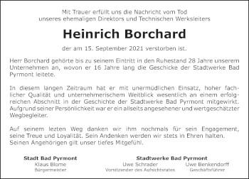 Traueranzeige von Heinrich Borchard von Deister- und Weserzeitung