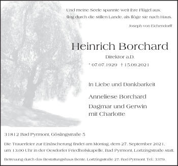 Traueranzeige von Heinrich Borchard von Deister- und Weserzeitung