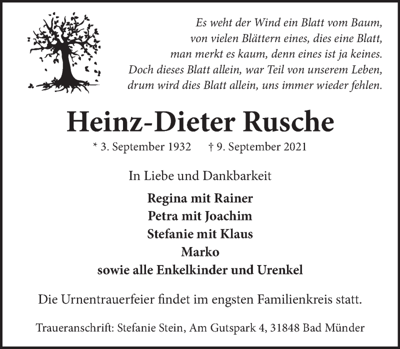  Traueranzeige für Heinz-Dieter Rusche vom 18.09.2021 aus Neue Deister-Zeitung