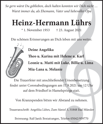Traueranzeige von Heinz-Hermann Lührs von Neue Deister-Zeitung
