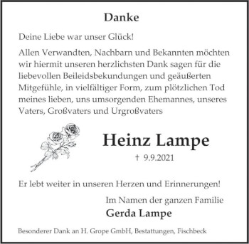 Traueranzeige von Heinz Lampe von Deister- und Weserzeitung