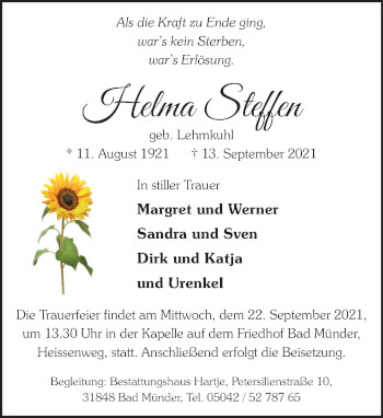 Traueranzeige von Helma Steffen von Neue Deister-Zeitung