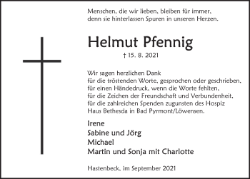 Traueranzeige von Helmut Pfennig von Deister- und Weserzeitung