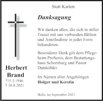 Traueranzeige von Herbert Brand von Deister- und Weserzeitung
