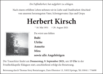 Traueranzeige von Herbert Kirsch von Neue Deister-Zeitung